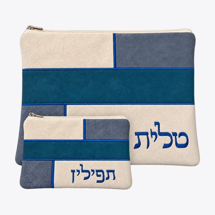 סט טלית ותפילין שמנת וטורקיז